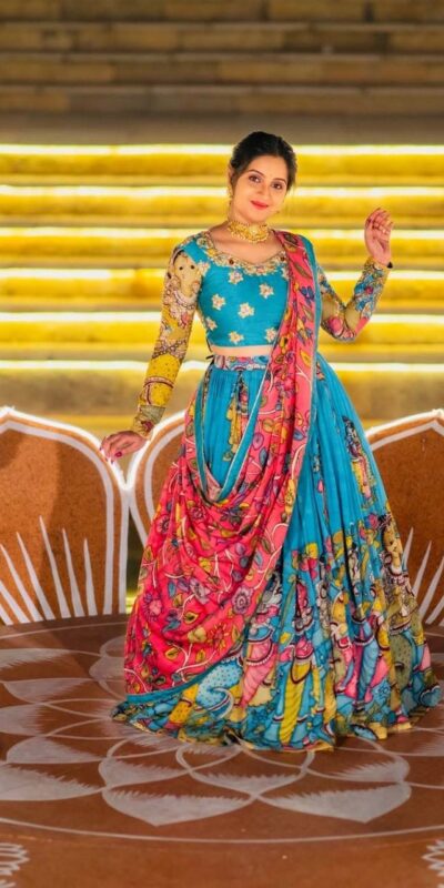 Blue Rayon Cotton Kalamkari Printed Lehenga Choli | Lehenga, Bollywood Lehenga, Creative Lehenga, Designer Lehenga, Embroidered Lehenga, Party Wear Lehenga