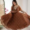 Brown Blooming Faux Embroidery Work Gown | Lehenga, Bollywood Lehenga, Creative Lehenga, Designer Lehenga, Embroidered Lehenga, Party Wear Lehenga