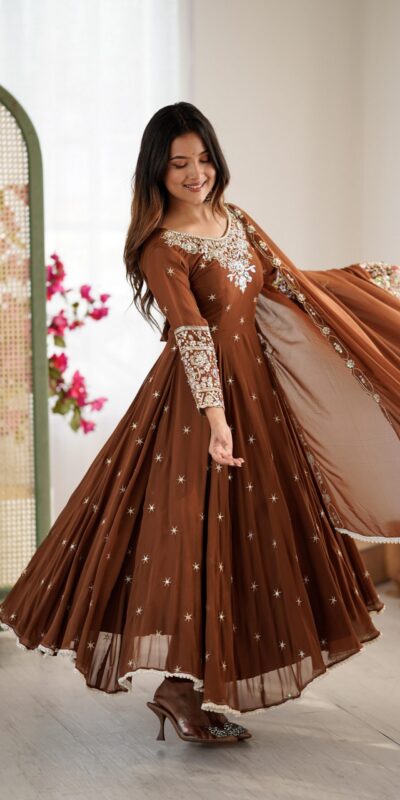 Brown Blooming Faux Embroidery Work Gown | Lehenga, Bollywood Lehenga, Creative Lehenga, Designer Lehenga, Embroidered Lehenga, Party Wear Lehenga