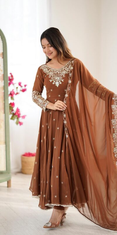 Brown Blooming Faux Embroidery Work Gown | Lehenga, Bollywood Lehenga, Creative Lehenga, Designer Lehenga, Embroidered Lehenga, Party Wear Lehenga