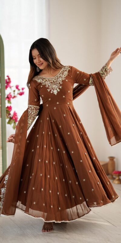 Brown Blooming Faux Embroidery Work Gown | Lehenga, Bollywood Lehenga, Creative Lehenga, Designer Lehenga, Embroidered Lehenga, Party Wear Lehenga