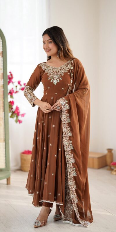 Brown Blooming Faux Embroidery Work Gown | Lehenga, Bollywood Lehenga, Creative Lehenga, Designer Lehenga, Embroidered Lehenga, Party Wear Lehenga