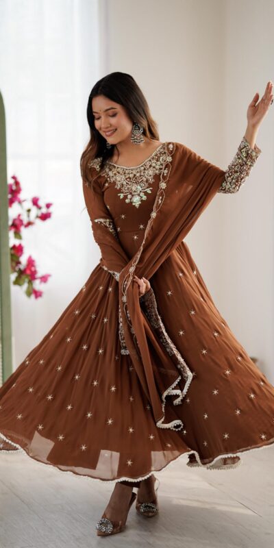 Brown Blooming Faux Embroidery Work Gown | Lehenga, Bollywood Lehenga, Creative Lehenga, Designer Lehenga, Embroidered Lehenga, Party Wear Lehenga
