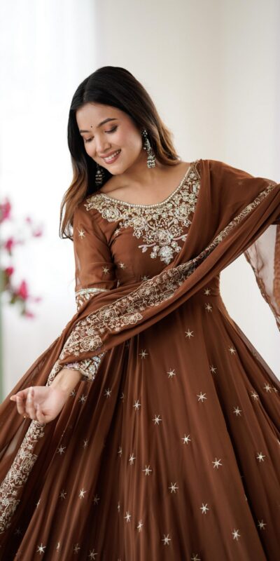 Brown Blooming Faux Embroidery Work Gown | Lehenga, Bollywood Lehenga, Creative Lehenga, Designer Lehenga, Embroidered Lehenga, Party Wear Lehenga