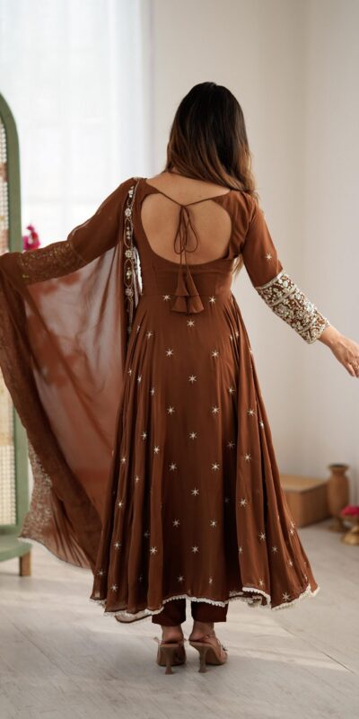 Brown Blooming Faux Embroidery Work Gown | Lehenga, Bollywood Lehenga, Creative Lehenga, Designer Lehenga, Embroidered Lehenga, Party Wear Lehenga