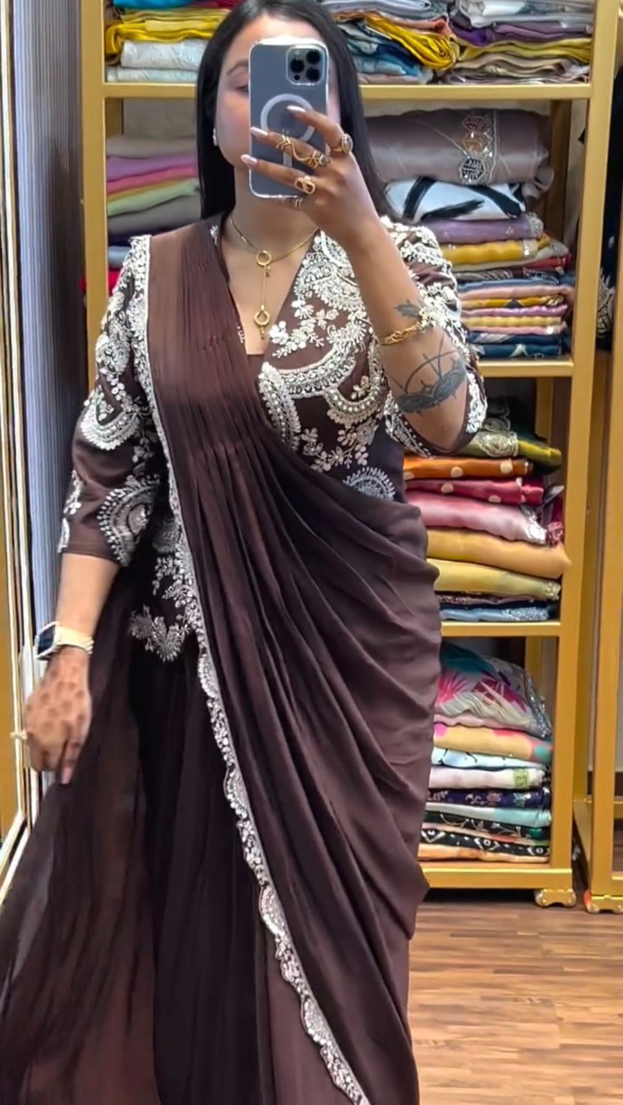 Brown Faux Georgette Embroidery Work Saree | Sarees, Bollywood Sarees, Creative Sarees, Designer Sarees, Embroidered Sarees, Ethnic Saree, Modern Digital sarees, Party Wear Sarees