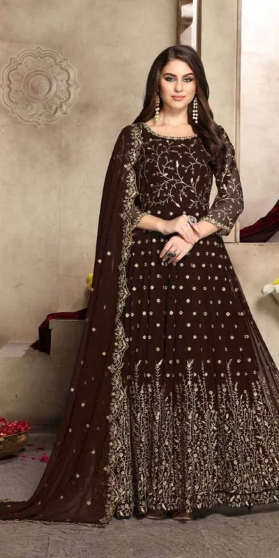 Brown Georgette Multi Thread Zari Anarkali Suit | Anarkali Suits, Bollywood Anarkali, Creative-Anarkali, Designer Anarkali, Embroidered Anarkali, Party Wear Anarkali
