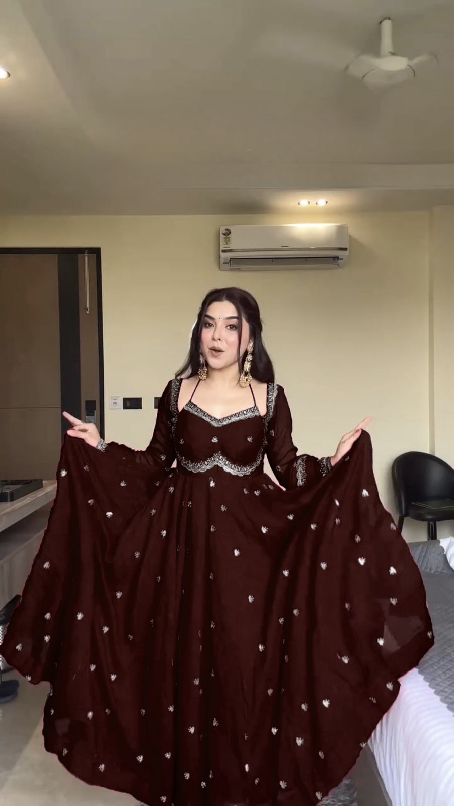 Brown Georgette Sequence Gown | Gowns, Bollywood Gowns, Creative Gowns, Designer Gowns, Embroidered Gowns, Party Wear Gowns