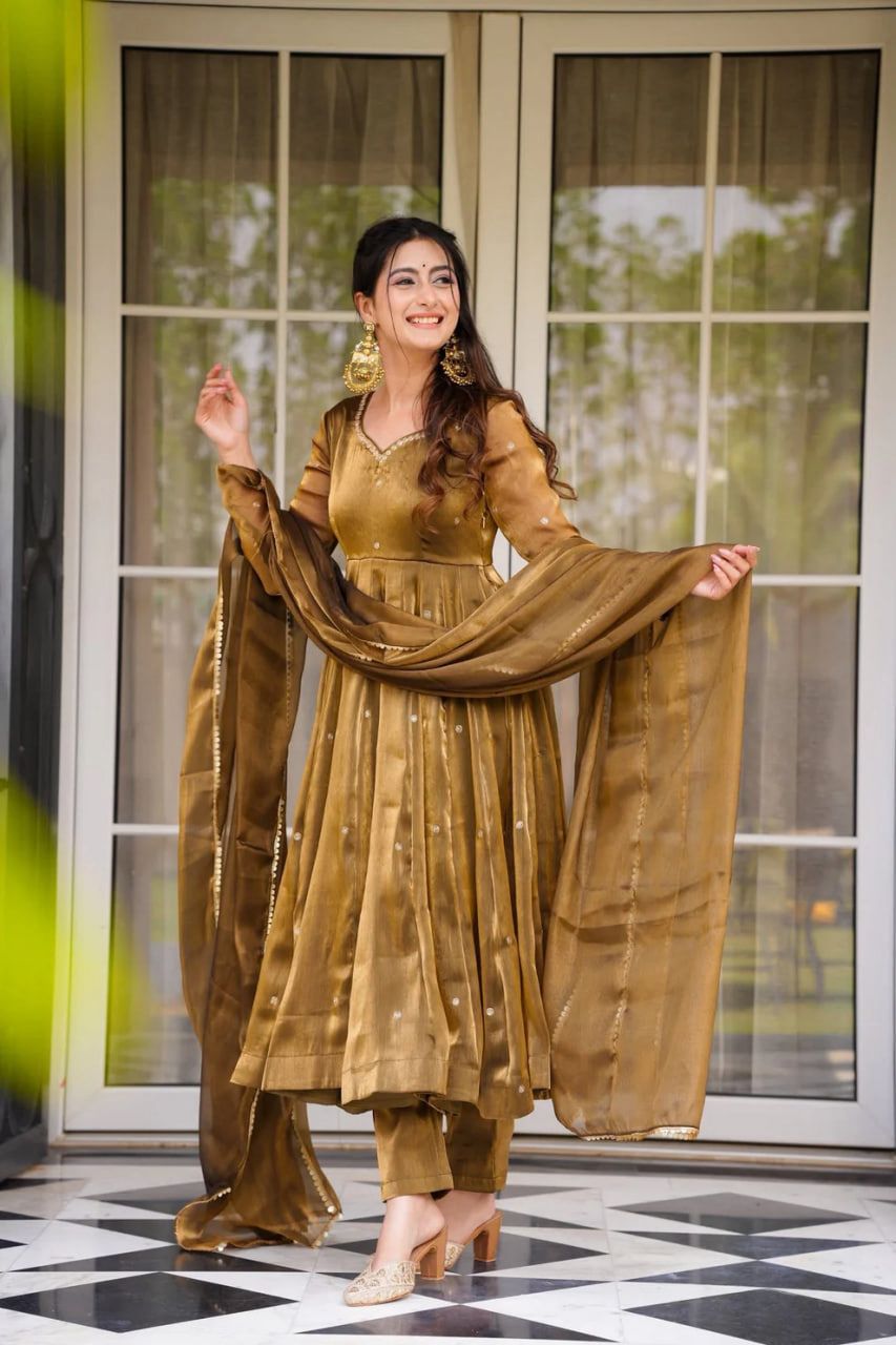 Brown Organza Silk Border Lace Work Salwar Suit | Jump Suits, Salwar suit, Casual Suits, Creative suits, Designer Suits, Palazzo Suits, Party Wear Suits, Patiala Suits, Straight Suits