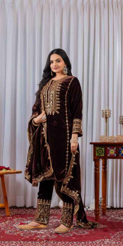 Brown Velvet Sequence 5 mm Work Salwar Suit | Jump Suits, Salwar suit, Casual Suits, Creative suits, Designer Suits, Palazzo Suits, Party Wear Suits, Patiala Suits, Straight Suits