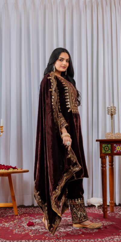 Brown Velvet Sequence 5 mm Work Salwar Suit | Jump Suits, Salwar suit, Casual Suits, Creative suits, Designer Suits, Palazzo Suits, Party Wear Suits, Patiala Suits, Straight Suits