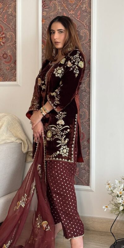 Brown Viscose Velvet Embroidery Work Salwar Suit | Jump Suits, Salwar suit, Casual Suits, Creative suits, Designer Suits, Palazzo Suits, Party Wear Suits, Patiala Suits, Straight Suits
