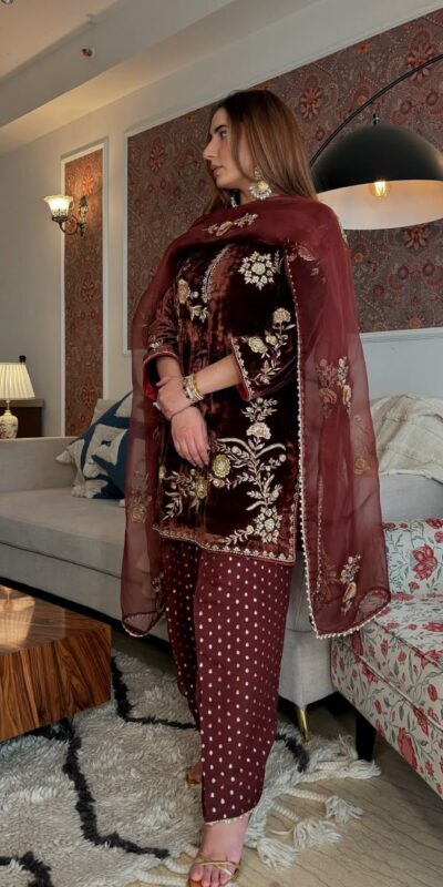 Brown Viscose Velvet Embroidery Work Salwar Suit | Jump Suits, Salwar suit, Casual Suits, Creative suits, Designer Suits, Palazzo Suits, Party Wear Suits, Patiala Suits, Straight Suits