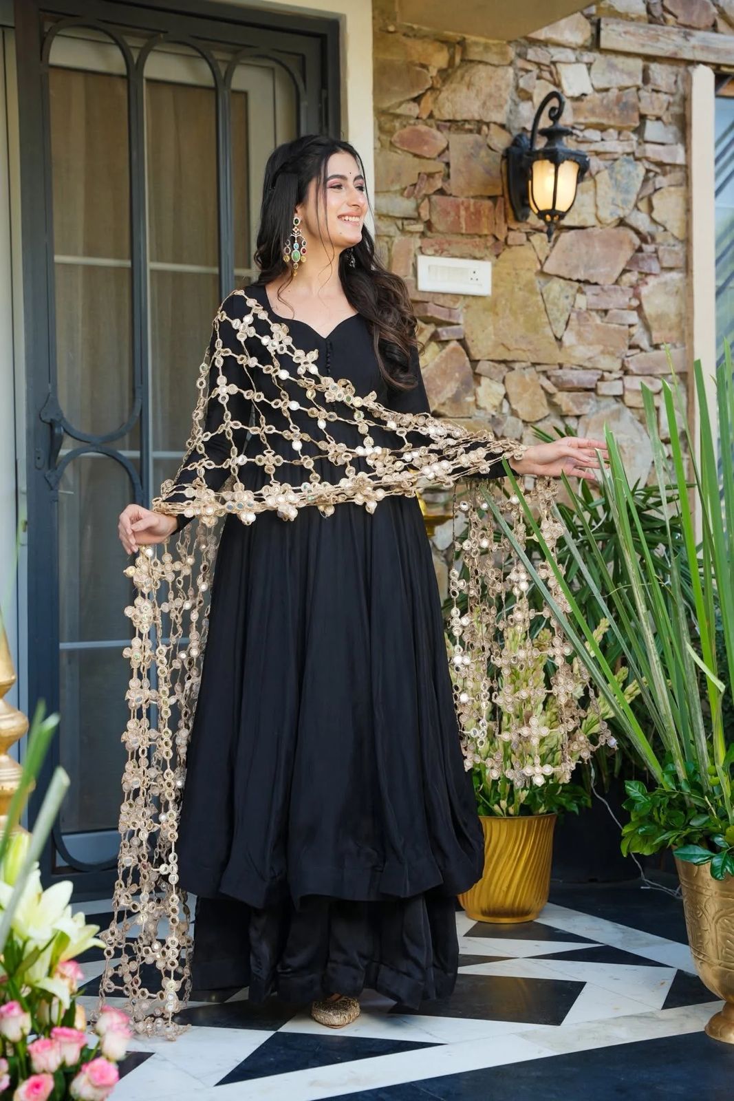 Classic Black Roman Silk Net Mirror Dupatta Gown | Gowns, Bollywood Gowns, Creative Gowns, Designer Gowns, Embroidered Gowns, Party Wear Gowns