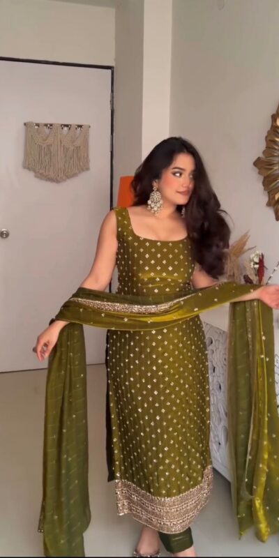 Classic Mehendi Fendy Silk Sequence Work Salwar Suit | Jump Suits, Salwar suit, Casual Suits, Creative suits, Designer Suits, Palazzo Suits, Party Wear Suits, Patiala Suits, Straight Suits