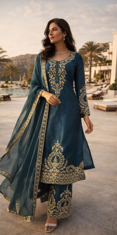 Classic Teal Blue Zimmy Silk Thread Work Salwar Suit | Jump Suits, Salwar suit, Casual Suits, Creative suits, Designer Suits, Palazzo Suits, Party Wear Suits, Patiala Suits, Straight Suits