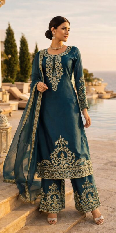 Classic Teal Blue Zimmy Silk Thread Work Salwar Suit | Jump Suits, Salwar suit, Casual Suits, Creative suits, Designer Suits, Palazzo Suits, Party Wear Suits, Patiala Suits, Straight Suits