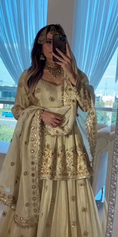 Cream Chinon Embroidery Mirror Work Lehenga Choli | Lehenga, Bollywood Lehenga, Creative Lehenga, Designer Lehenga, Embroidered Lehenga, Party Wear Lehenga