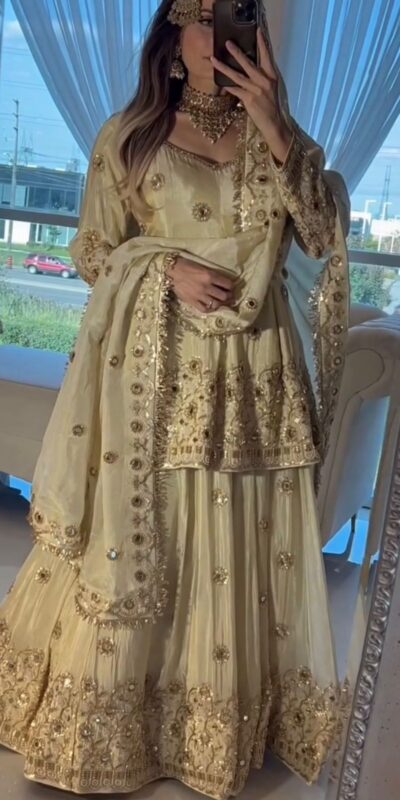 Cream Chinon Embroidery Mirror Work Lehenga Choli | Lehenga, Bollywood Lehenga, Creative Lehenga, Designer Lehenga, Embroidered Lehenga, Party Wear Lehenga