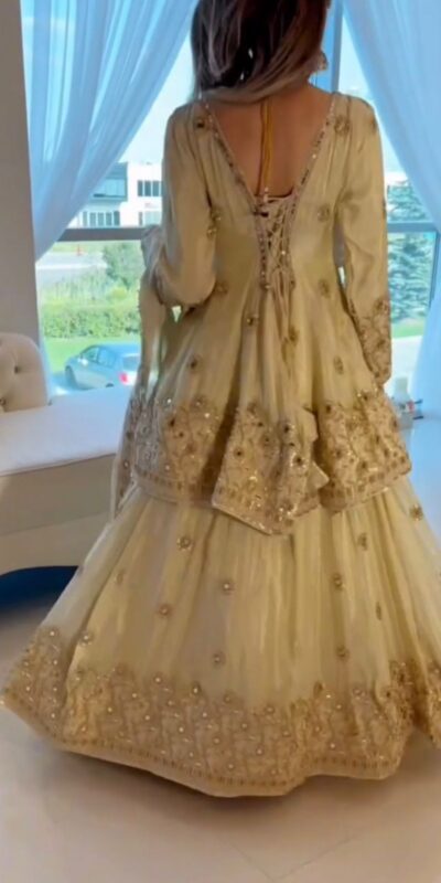 Cream Chinon Embroidery Mirror Work Lehenga Choli | Lehenga, Bollywood Lehenga, Creative Lehenga, Designer Lehenga, Embroidered Lehenga, Party Wear Lehenga