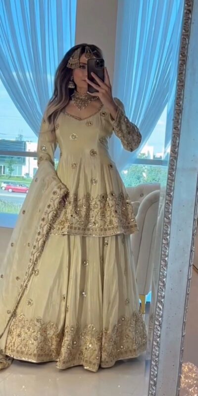 Cream Chinon Embroidery Mirror Work Lehenga Choli | Lehenga, Bollywood Lehenga, Creative Lehenga, Designer Lehenga, Embroidered Lehenga, Party Wear Lehenga
