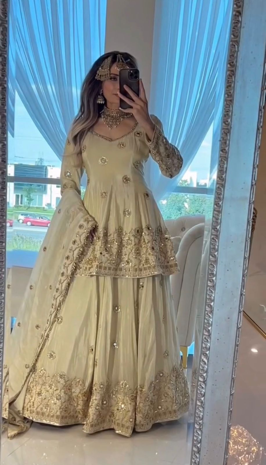 Cream Chinon Embroidery Mirror Work Lehenga Choli | Lehenga, Bollywood Lehenga, Creative Lehenga, Designer Lehenga, Embroidered Lehenga, Party Wear Lehenga