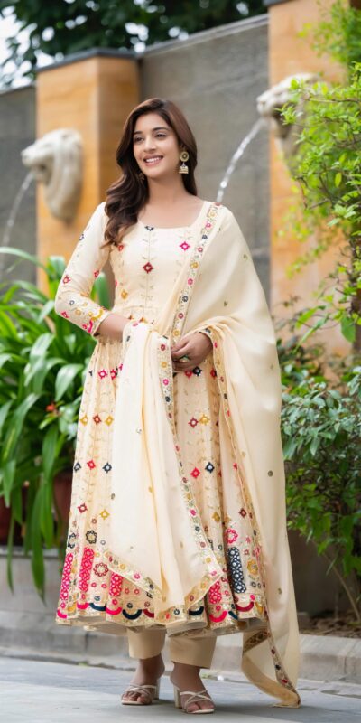Cream Chinon Silk Cut Work Embroidery Anarkali Suit | Anarkali Suits, Bollywood Anarkali, Creative-Anarkali, Designer Anarkali, Embroidered Anarkali, Party Wear Anarkali