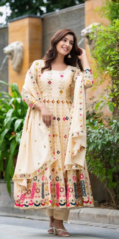 Cream Chinon Silk Cut Work Embroidery Anarkali Suit | Anarkali Suits, Bollywood Anarkali, Creative-Anarkali, Designer Anarkali, Embroidered Anarkali, Party Wear Anarkali