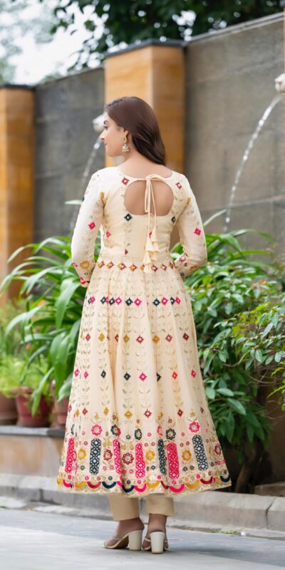 Cream Chinon Silk Cut Work Embroidery Anarkali Suit | Anarkali Suits, Bollywood Anarkali, Creative-Anarkali, Designer Anarkali, Embroidered Anarkali, Party Wear Anarkali