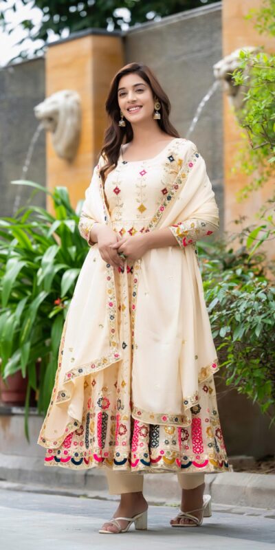 Cream Chinon Silk Cut Work Embroidery Anarkali Suit | Anarkali Suits, Bollywood Anarkali, Creative-Anarkali, Designer Anarkali, Embroidered Anarkali, Party Wear Anarkali