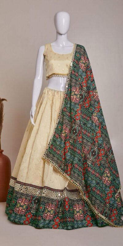 Cream Jaccard Silk Embroidery Printed Lehenga Choli | Lehenga, Bollywood Lehenga, Creative Lehenga, Designer Lehenga, Embroidered Lehenga, Party Wear Lehenga