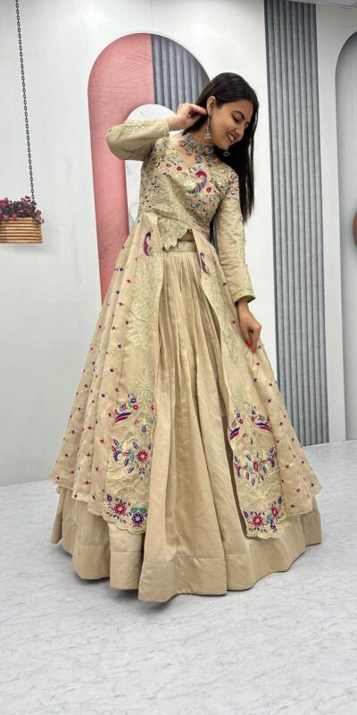 Cream Vichitra Sequence Work Lehenga Choli | Lehenga, Bollywood Lehenga, Creative Lehenga, Designer Lehenga, Embroidered Lehenga, Party Wear Lehenga