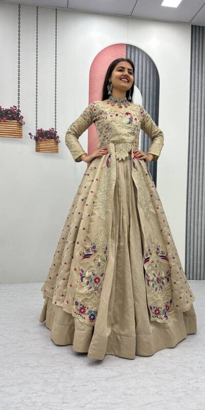 Cream Vichitra Sequence Work Lehenga Choli | Lehenga, Bollywood Lehenga, Creative Lehenga, Designer Lehenga, Embroidered Lehenga, Party Wear Lehenga