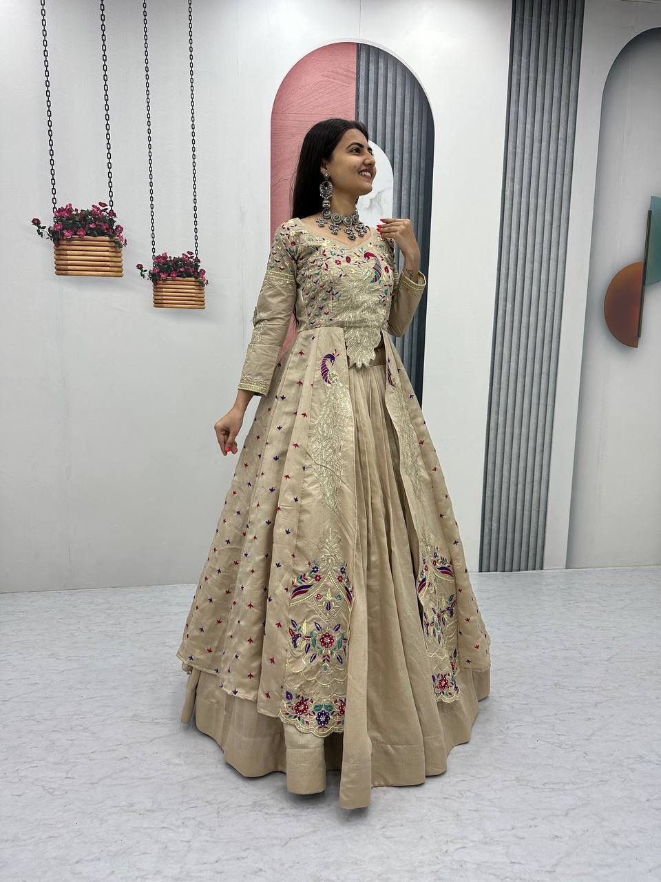 Cream Vichitra Sequence Work Lehenga Choli | Lehenga, Bollywood Lehenga, Creative Lehenga, Designer Lehenga, Embroidered Lehenga, Party Wear Lehenga