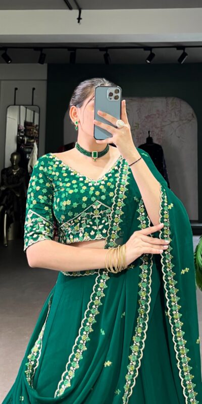 Dark Green Georgette Embroidery Work Lehenga Choli | Lehenga, Bollywood Lehenga, Creative Lehenga, Designer Lehenga, Embroidered Lehenga, Party Wear Lehenga