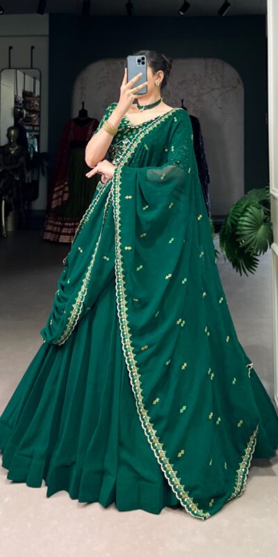 Dark Green Georgette Embroidery Work Lehenga Choli | Lehenga, Bollywood Lehenga, Creative Lehenga, Designer Lehenga, Embroidered Lehenga, Party Wear Lehenga