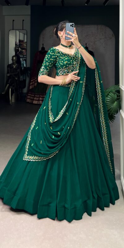 Dark Green Georgette Embroidery Work Lehenga Choli | Lehenga, Bollywood Lehenga, Creative Lehenga, Designer Lehenga, Embroidered Lehenga, Party Wear Lehenga