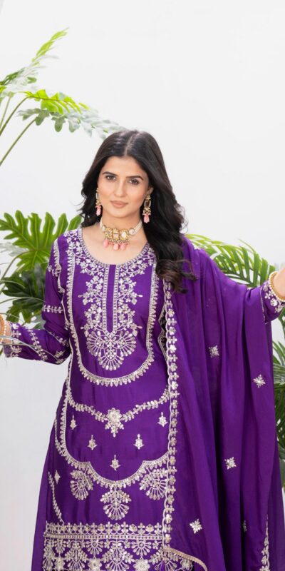 Dark Purple Chinon Silk Embroider Lace Work Salwar Suit | Jump Suits, Salwar suit, Casual Suits, Creative suits, Designer Suits, Palazzo Suits, Party Wear Suits, Patiala Suits, Straight Suits