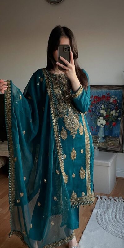 Dazzling Teal Chinon Silk Embroidery Work Salwar Suit | Jump Suits, Salwar suit, Casual Suits, Creative suits, Designer Suits, Palazzo Suits, Party Wear Suits, Patiala Suits, Straight Suits