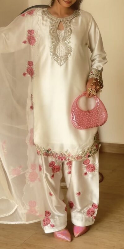 Dreamy Off White Japan Satin Embroidery Work Salwar Suit | Jump Suits, Salwar suit, Casual Suits, Creative suits, Designer Suits, Palazzo Suits, Party Wear Suits, Patiala Suits, Straight Suits