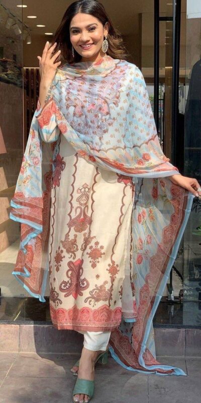 Elegant Off White Maslin Digital Prints Salwar Suit | Jump Suits, Salwar suit, Casual Suits, Creative suits, Designer Suits, Palazzo Suits, Party Wear Suits, Patiala Suits, Straight Suits