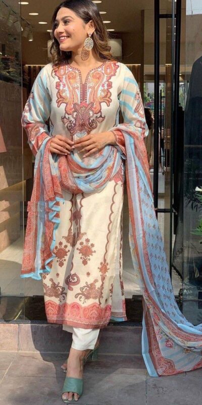 Elegant Off White Maslin Digital Prints Salwar Suit | Jump Suits, Salwar suit, Casual Suits, Creative suits, Designer Suits, Palazzo Suits, Party Wear Suits, Patiala Suits, Straight Suits