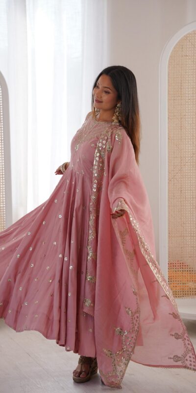 Elegant Pink Roman Silk Embroidery Work Gown | Gowns, Bollywood Gowns, Creative Gowns, Designer Gowns, Embroidered Gowns, Party Wear Gowns