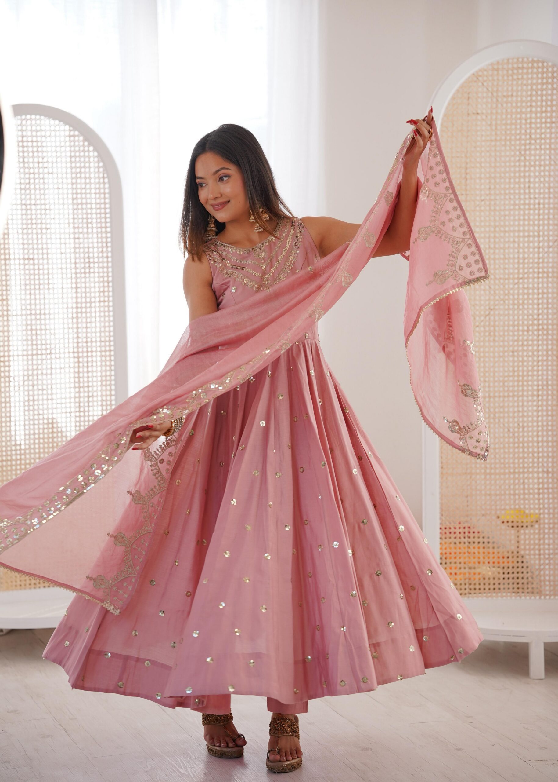 Elegant Pink Roman Silk Embroidery Work Gown | Gowns, Bollywood Gowns, Creative Gowns, Designer Gowns, Embroidered Gowns, Party Wear Gowns