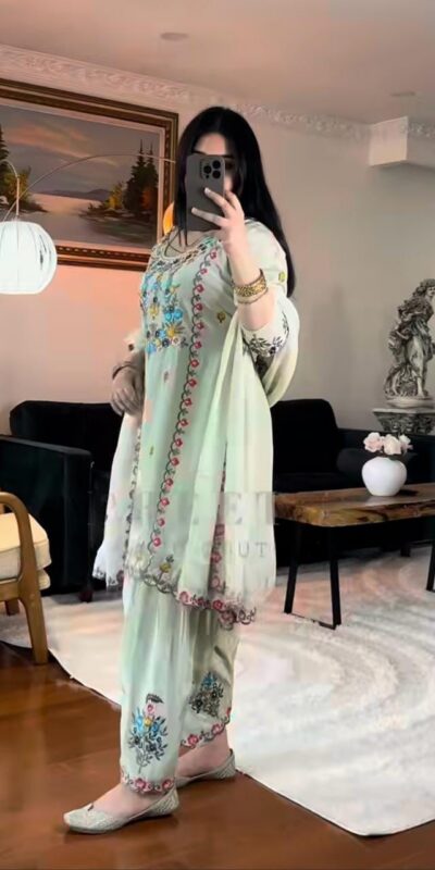 Elegant Pista Chinon Silk Embroidery Work Salwar Suit | Jump Suits, Salwar suit, Casual Suits, Creative suits, Designer Suits, Palazzo Suits, Party Wear Suits, Patiala Suits, Straight Suits
