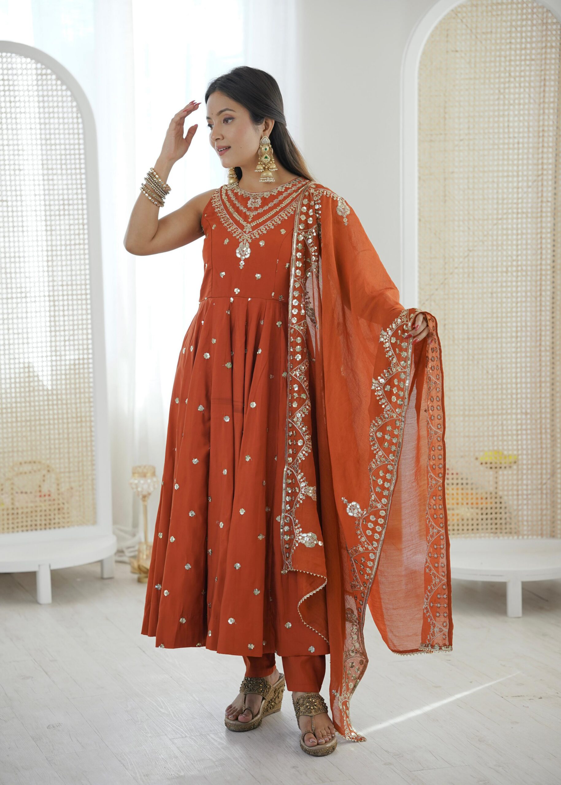 Elegant Rust Roman Silk Embroidery Work Gown | Gowns, Bollywood Gowns, Creative Gowns, Designer Gowns, Embroidered Gowns, Party Wear Gowns