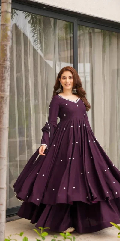 Fair Dark Purple Roman Silk Embroidery Work Anarkali Suit | Anarkali Suits, Bollywood Anarkali, Creative-Anarkali, Designer Anarkali, Embroidered Anarkali, Party Wear Anarkali