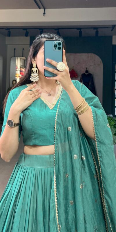 Firozi Chanderi Weaving Lehenga Choli | Lehenga, Bollywood Lehenga, Creative Lehenga, Designer Lehenga, Embroidered Lehenga, Party Wear Lehenga