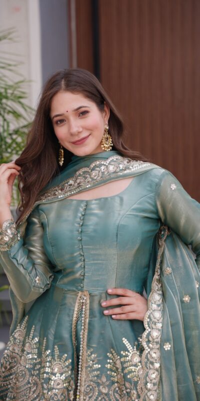 Firozi Fendy Satin Silk Embroidery Mirror Work Gown | Lehenga, Bollywood Lehenga, Creative Lehenga, Designer Lehenga, Embroidered Lehenga, Party Wear Lehenga