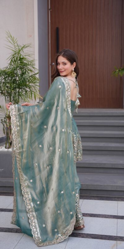 Firozi Fendy Satin Silk Embroidery Mirror Work Gown | Lehenga, Bollywood Lehenga, Creative Lehenga, Designer Lehenga, Embroidered Lehenga, Party Wear Lehenga